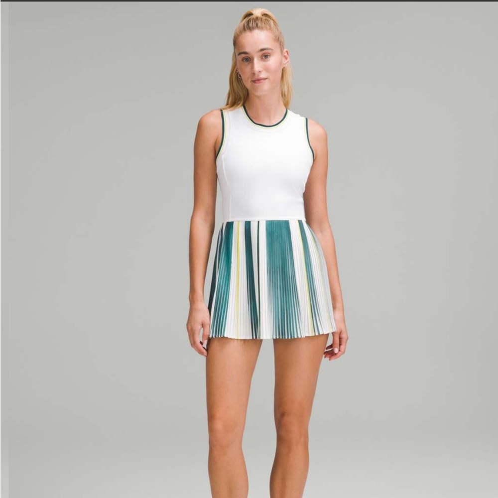 Lululemon Varsity Scoop-Neck Linerless Tennis Dress in White/Storm Teal Multi